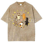 Five Holding Hands Circle Cats T-Shirt – Retro Wholesome Kitten Star Heart Graphic Tee, Vintage Washed Lightweight Cotton Unisex Top - 2