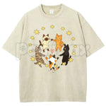 Five Holding Hands Circle Cats T-Shirt – Retro Wholesome Kitten Star Heart Graphic Tee, Vintage Washed Lightweight Cotton Unisex Top - 3