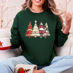 Christmas Trees, Faux Quilt, Santa Festive Holiday Scene Vintage Cozy Winter Sweatshirt - 1