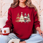 Christmas Trees, Faux Quilt, Santa Festive Holiday Scene Vintage Cozy Winter Sweatshirt - 3