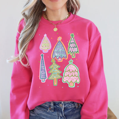Colorful Christmas Tree Pastels Retro Hand Drawn Vintage Holiday Illustration Sweatshirt