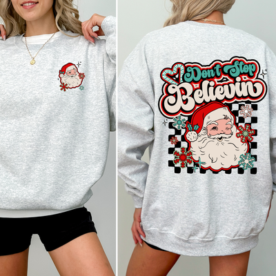 Don't Stop Believin' Santa Christmas Checkered Vintage Inspired Retro Sweatshirt