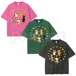 Five Holding Hands Circle Cats T-Shirt – Retro Wholesome Kitten Star Heart Graphic Tee, Vintage Washed Lightweight Cotton Unisex Top - 1