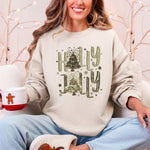 Holly Jolly Christmas Camouflage Tree Santa Dalmatian Ribbons And Bows Cozy Holiday Sweatshirt - 1