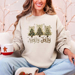 Holly Jolly Camo Christmas Tree Santa Ribbons Bows Cozy Christmas Cheer Sweatshirt - 1