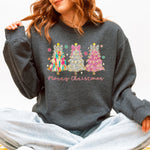Merry Christmas Pastel Christmas Trees Santa Colorful Painting Holiday Scene Sweatshirt - 1