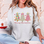 Merry Christmas Pastel Christmas Trees Santa Colorful Painting Holiday Scene Sweatshirt - 3
