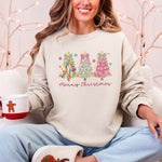 Merry Christmas Pastel Christmas Trees Santa Colorful Painting Holiday Scene Sweatshirt - 4