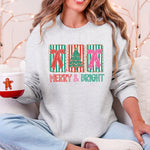 Merry And Bright Pattern Blocks Christmas Tree Ribbon Bows Santa Holiday Sweatshirt - 3