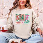 Merry And Bright Pattern Blocks Christmas Tree Ribbon Bows Santa Holiday Sweatshirt - 4