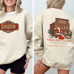 North Pole Saloon Santa Reading Christmas Party Retro Front And Back Edition Sweatshirt - 1